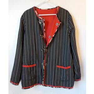 Rayon Double Side Blazer Women Fits 2XL Solid Red Black Striped Button Up Pocket